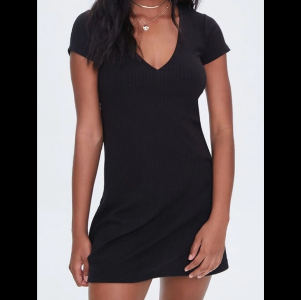 Forever 21 Black Ribbed Knit Short Sleeve V-Neck Mini Babydoll Black Sundress Sm